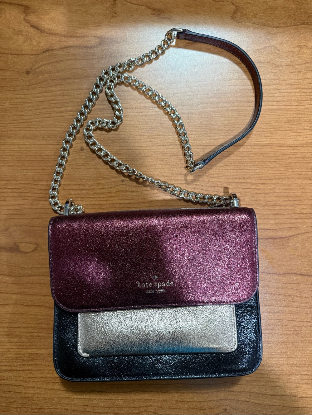 kate spade Metallic Plum, Black and Gold Chain Crossbody